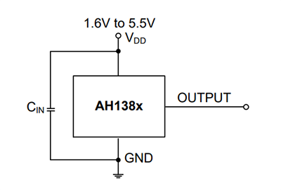 Schéma du circuit d'application - Diodes Incorporated CI de commutateurs à effet Hall unipolaires numériques AH1381/2/3